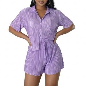 Purple Pleated Button-Up 2 piece short set